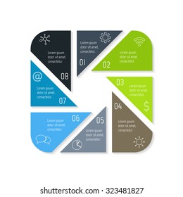 EPS10 square infographic diagram with triangle parts and rounded corners. Circular connected chart with 8 options. Paper progress steps for tutorial. Business concept sequence banner, process layout.