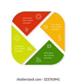 EPS10 square infographic diagram with triangle parts and rounded corners. Circular connected chart with 4 options. Paper progress steps for tutorial. Business concept sequence banner, process layout.