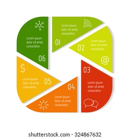 EPS10 square infographic diagram with triangle parts and rounded corners. Circular connected chart with 6 options. Paper progress steps for tutorial. Business concept sequence banner, process layout.