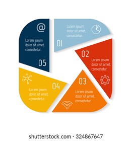 EPS10 square infographic diagram with triangle parts and rounded corners. Circular connected chart with 5 options. Paper progress steps for tutorial. Business concept sequence banner, process layout.