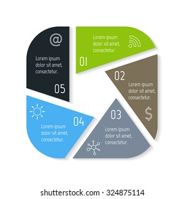 EPS10 square infographic diagram with triangle parts and rounded corners. Circular connected chart with 5 options. Paper progress steps for tutorial. Business concept sequence banner, process layout.