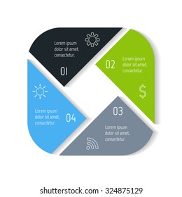 EPS10 square infographic diagram with triangle parts and rounded corners. Circular connected chart with 4 options. Paper progress steps for tutorial. Business concept sequence banner, process layout.