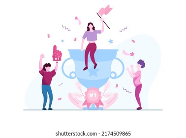 EPS10 team of man and women employees celebrating winning of a golden trophy business flat illustration with festive confetti design