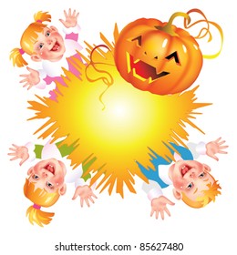 EPS10/ Three laughing children and a pumpkin for Halloween on a white background