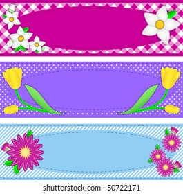 Eps10.  Three vector borders with oval copy space, flowers, stripes, gingham and dots in pink, purple, blue, yellow, white containing quilting stitches.