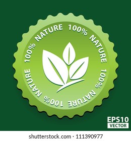 EPS10 Vector: 100 Percent Nature Green Sign with white three leaves logo