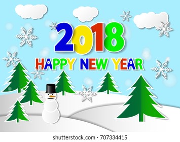 eps10 vector 2018 banner with cut paper effect. Happy New Year 2018 greeting poster. Realistic greeting card design with paper cuttings and falling snowflakes. Clip art graphic background illustration