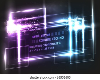 EPS10 Vector 3D abstract square design on black background with slight texture. Composition has bright lights, squares and small circles.