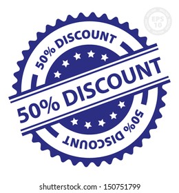 EPS10 Vector : 50 percent Discount Rubber Stamp With Blue color (Sticker, Tag, Icon, Symbol)