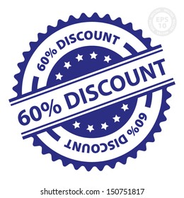 EPS10 Vector : 60 percent Discount Rubber Stamp With Blue color (Sticker, Tag, Icon, Symbol)