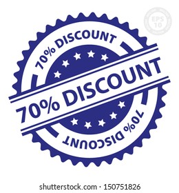 EPS10 Vector : 70 percent Discount Rubber Stamp With Blue color (Sticker, Tag, Icon, Symbol)