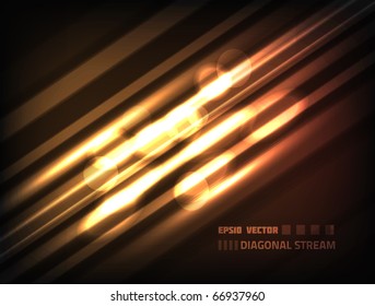 EPS10 vector abstract diagonal lines on dark orange background; composition has bokeh particles and bright lights