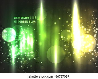 Diseño de boquilla de borrón verde abstracto del vector EPS10 sobre fondo oscuro; coloridos en tonos vivos de verde y amarillo con luces borrosas