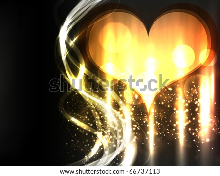 EPS10 vector abstract heart design, depicting love concept. Composition has bright yellow lights and bokeh effect on dark background.