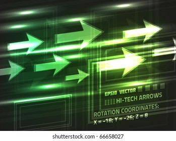 EPS10 vector abstract hi-tech arrow design on dark green background. Composition has bright colors and blurry lights.