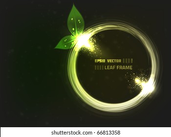EPS10 vector abstract leaf frame design on dark background with slight texture. Composition has bright lights, similar to lens flare.