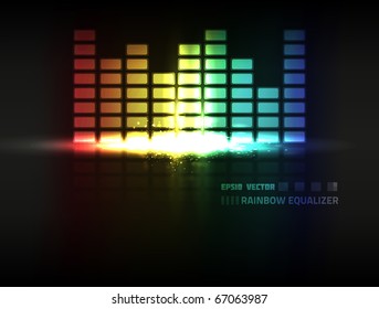 EPS10 vector abstract rainbow colored equalizer design against dark background; composition has bright lights and particles