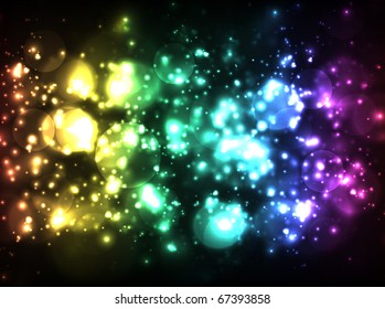 EPS10 vector abstract rainbow colored bokeh effect against dark background; composition has a very bright look