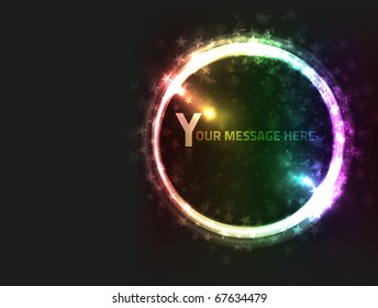 EPS10 vector abstract rainbow frame design against dark background; composition has bright lights and blurry particles