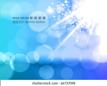 EPS10 vector abstract sky and water bokeh on background colored in blue tones; sun is shining from top-right corner