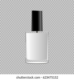eps10 vector advertising element of realistic nail polish cosmetics glass packaging bottle with black cap isolated on transparent background. Cosmetic web, print presentation tool. Add any brand name