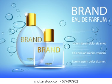 eps10 vector advertising poster of luxury eau de parfum isolated on blue background with water bubbles. Premium perfumery advertisement banner for print. Realistic glass bottle with vaporizer spray