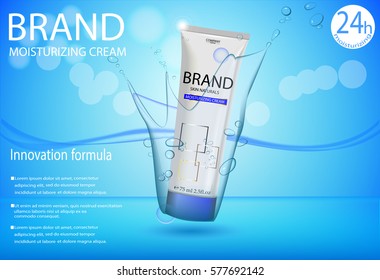 eps10 vector advertising poster of revolutionary formula moisturizing cream with water water splashes and bokeh effect backdrop. Realistic brand cosmetic tube package, cosmetic banner for web, print
