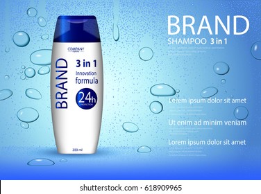 eps10 vector advertising poster revolutionary formula hydrating anti-dandruff hair shampoo with water drops, water splashes on glass. Realistic brand cosmetic tube package, cosmetic web, print banner