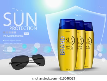 eps10 vector advertising poster of sunblock, sunscreen creams isolated on sea andd sun background with sunglassees, shield and bokeh effect. Premium banner for web, print. Realistic body lotion bottle