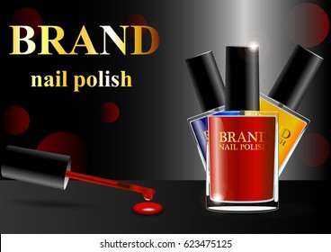 eps10 vector advertising presentation poster of shimmer gel nail polish palette with bokeh background. Innovation nail care cosmetics advertisement banner for web, print. Realistic brand cosmetic tube