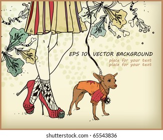 eps10 vector background with a  little dog and lovely female legs