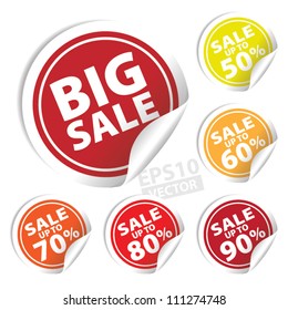 EPS10 Vector: Big Sale tags with Sale up to 50 - 90 percent text on circle tags