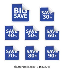 EPS10 Vector: Big Save tags with Sale up to 30 - 90 percent text.