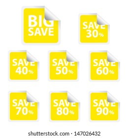 EPS10 Vector: Big Save tags with Sale up to 30 - 90 percent text.