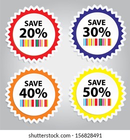 EPS10 Vector: Big Save tags with Sale up to 20 - 50 percent text on circle tags, stickers and labels.