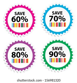 EPS10 Vector: Big Save tags with Sale up to 60 - 90 percent text on circle tags, stickers and labels.