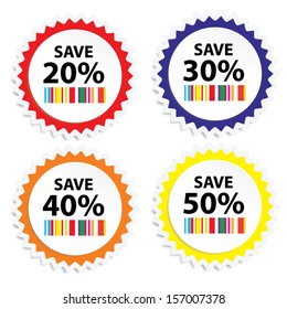 EPS10 Vector: Big Save tags with Sale up to 20 - 50 percent text on circle tags, stickers and labels.