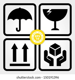 EPS10 Vector : Black Fragile Square with Round Corner Symbol (Fragile icon, Handle with care icon, Keep dry icon, This side up icon)