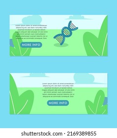 EPS10, vektorblau, wissenschaftliches Symbol oder Zeichen auf einer Gartenflachen-Banner-Designvorlage mit Beschreibungsbox und einem hellblauen Info-Button, der perfekt für Ihre Website ist