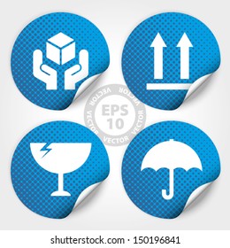 EPS10 Vector : Blue Fragile Circle Stickers and Tags with Dot(Fragile icon, Handle with care icon, Keep dry icon, This side up icon)