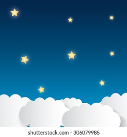 eps10 vector cartoon white clouds with hanging stars night sky illustration