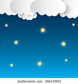 eps10 vector cartoon white clouds with hanging stars night sky illustration