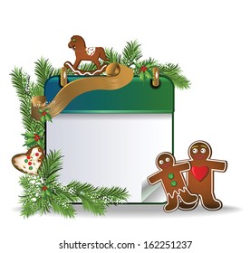eps10 vector Christmas calendar page with gingerbread cookies, snow and gold ribbon on white background