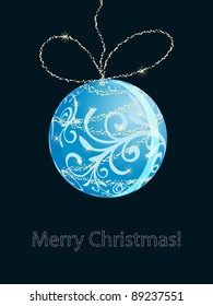 eps10, vector christmas card with shiny blue ball, snowflakes and stars