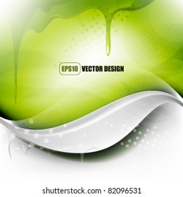 eps10 vector chrome, wave and dripping paint design in green background
