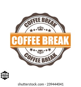 EPS10 Vector : Coffee Break Grunge Rubber Stamp with Crown and Orange Ribbon. (Sticker, Tag, Icon, Symbol) 