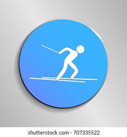 eps10 vector Cross-country Skiing sport icon. Winter sport activity pictogram for web, print, mobile. White athlete sign isolated on blue button. Hand drawn competition symbol. Graphic design clip art