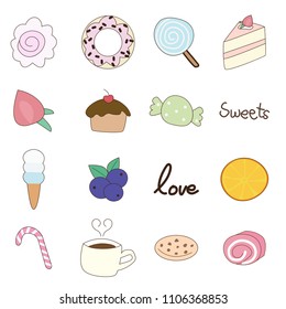 eps10 vector cute hand draw doodle vector icons food bakery cake coffee candy strawberry blueberry orange cookie donuts lollipop ice cream sweet isolated on white background