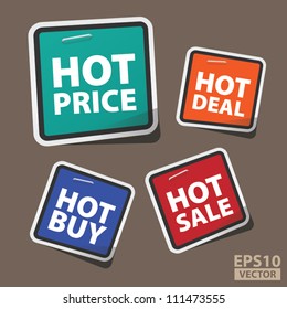 EPS10 Vector: Cute Hot Price Square Tags with Hot Deal, Hot Sale, Hot Buy