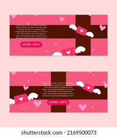 EPS10 vector cute pink gift box with love letters and wings and loves hearts banner set design template with description box and bright pink more info button perfect for your website